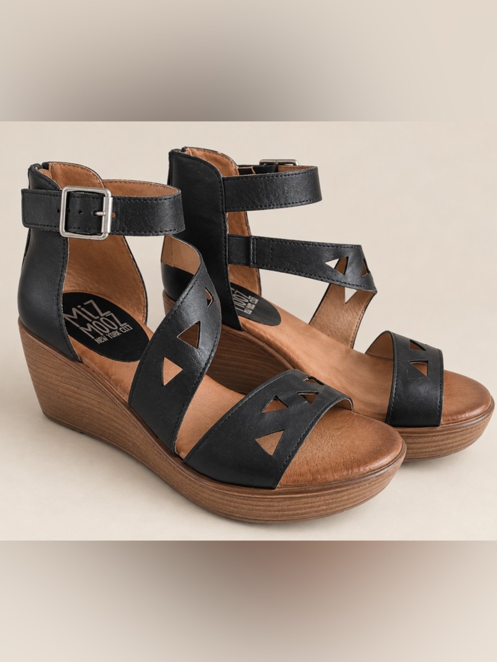 Miz Mooz Spicy Black Leather Wedge Sandals with Cutout Straps 38